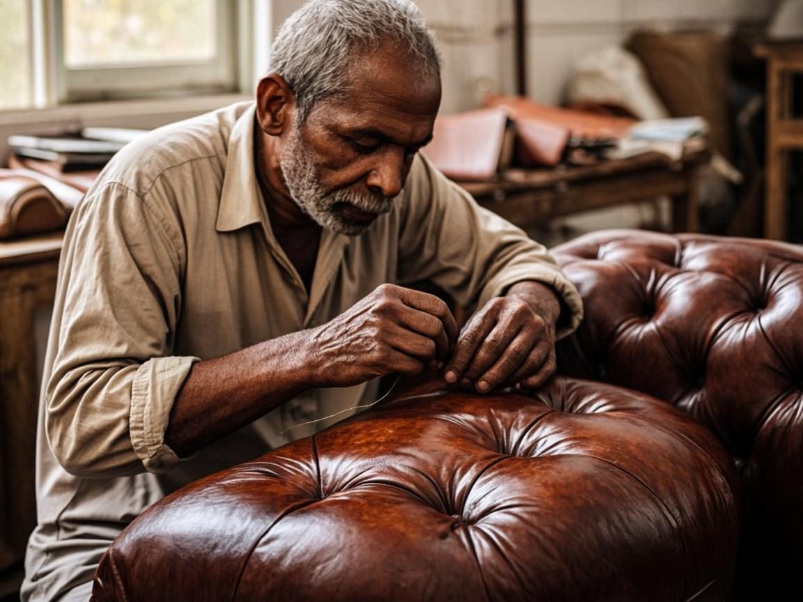Master leather craftsman at work in the Khushbu Handicrafts workshop